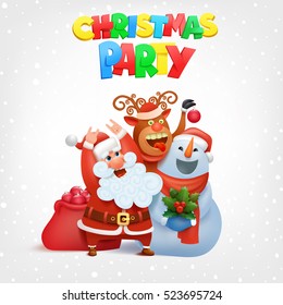 Christmas card with santa claus snowman and deer. Vector illustration