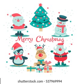 Christmas card with Santa Claus, snowman, tree ,deer and penguin on white background. Vector illustration.