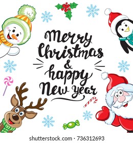 Christmas card with Santa Claus, snowman, christmas deer and calligraphy lettering Merry Christmas and Happy New Year