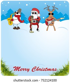 Christmas card. Santa Claus, snowman and deer saxophone plays the guitar. choice for congratulations