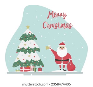 Christmas card with Santa Claus, Christmas tree, decorations and text. Victor illustration in flat style.