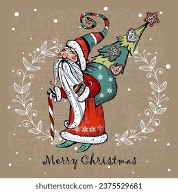 Christmas card.  Santa Claus with a Christmas tree and gifts.    Vector.