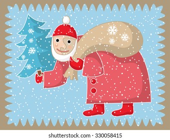 Christmas card with Santa Claus and Christmas tree.