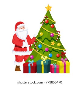 Christmas card of Santa Claus and Christmas tree with gift boxes. 