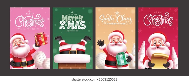 Christmas card santa claus vector poster design. Christmas greetings card with santa claus holding git box, smiling, waving and reading wish list in colorful template collection. Vector illustration 