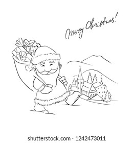 Christmas card with Santa Claus is walking with a full bag of gifts with winter mountain town backgraund. Cartoon vector.