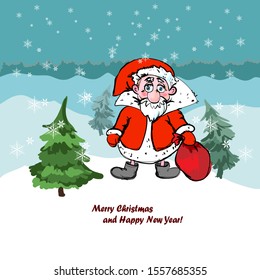 Christmas card with Santa Claus winter landscape with fir trees and snowflakes.
