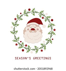 Christmas card with Santa Claus and Christmas wreath. Vector illustration.