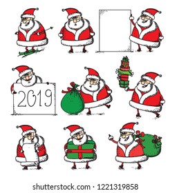 Christmas card with Santa Clauses with the gifts and banner 2019