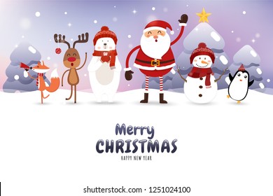 Christmas card with Santa Claus,Polar Bear,snowman,reindeer,fox and Penguin.