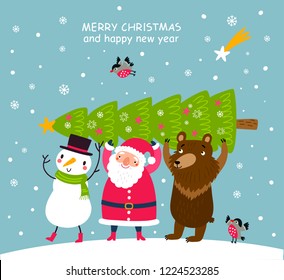 Christmas card Santa and cute animals