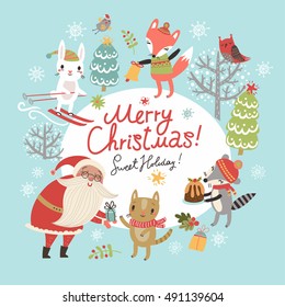 Christmas card with Santa and cute characters