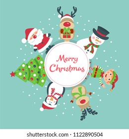Christmas card with Santa, deer, elf, tree, snowman, penguin. 