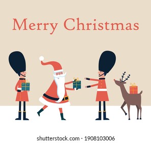 Christmas card with Santa, deer and English guaddsmen. Vector illustration. 