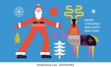 Christmas Card, Santa and Deer illustration in geometric style