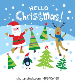 Christmas card with Santa, deer and Christmas trees. Vector illustration.