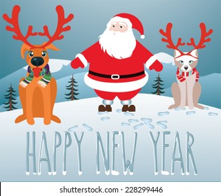 Christmas card. Santa with dog and cat pretending to be reindeers.