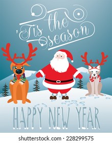 Christmas card. Santa with dog and cat pretending to be reindeers. 'Tis the season.