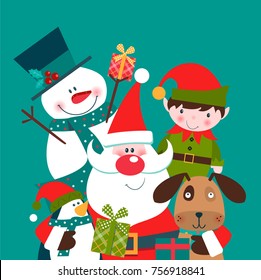 Christmas card with Santa, dog, elf, penguin and snowman. Vector illustration.