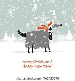Christmas card, santa dog in forest. Symbol of 2018