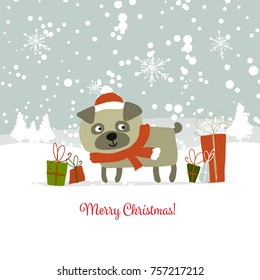 Christmas card, santa dog with gifts. Symbol of 2018