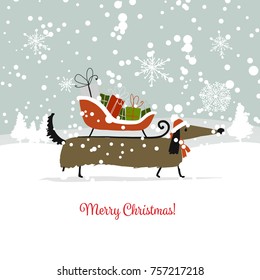 Christmas card, santa dog with gifts. Symbol of 2018