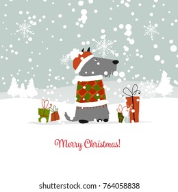 Christmas card, santa dog with gifts. Symbol of 2018. Vector illustration