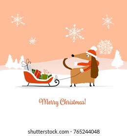 Christmas card, santa dog with gifts. Symbol of 2018. Vector illustration