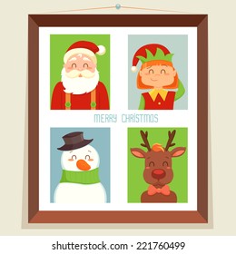 Christmas card with Santa, elf, deer and snowman