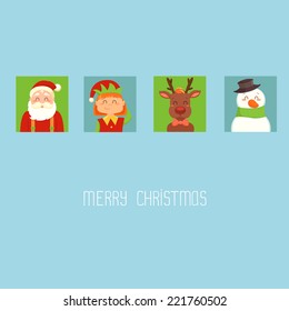 Christmas card with Santa, elf, deer and snowman