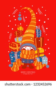 Christmas card with Santa elf sitting on gift boxes under the snow