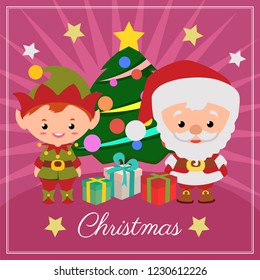 christmas card with santa and elf christmas tree