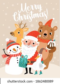 Christmas card with Santa and funny characters