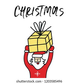 Christmas card - Santa with a gift with hand drawn lettering. Cute and fun New Year vector illustration.