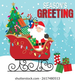 Christmas card with Santa, gifts and tree on the sleigh