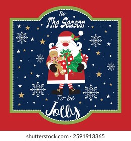 Christmas card with Santa, gingerbread man and gifts