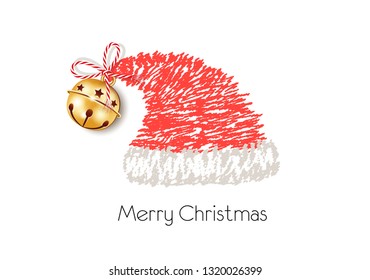 Christmas card with Santa hat and wishes in english,
Drawn cap with ring bell and cord tape,
Vector illustration isolated on white background