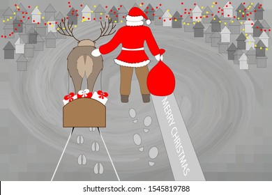 Christmas card with Santa, his deer and their tracks. They stand with their backs to the viewer and looking at the holiday city. Sledge full of presents. Text Merry Christmas. Can be flyer or banner.