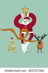 Christmas card Santa holds a star above him, next to a deer in a scarf, herringbone