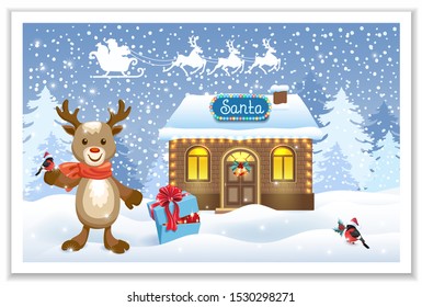 Christmas card with Santa house workshop, fawn deer with bullfinch bird and gift box against winter forest background and Santa Claus in sleigh with reindeer team. New Year design postcard.