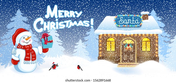 Christmas card with Santa house workshop and cartoon Snowman with gift box and bullfinch bird against winter forest background. New Year design postcard.