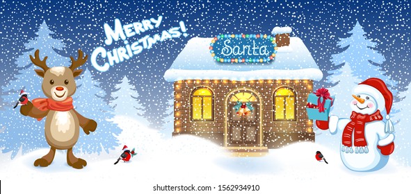 Christmas card with Santa house workshop and funny Snowman with gift box, deer with bullfinch bird against winter forest background. New Year design postcard.