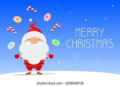 Christmas card. Santa juggles with sweets. Vector illustration.