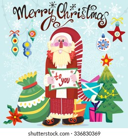 Christmas card of Santa Klaus, hand drawn lettering and gift boxes.