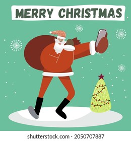 Christmas card Santa makes selfie on the phone, the inscription Merry Christmas.