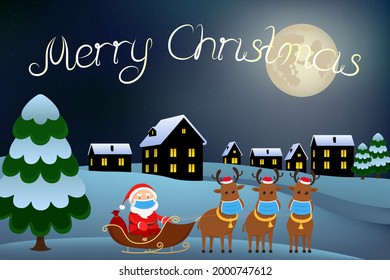 Christmas card. Santa in medical mask. Vector illustration.