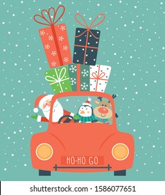 Christmas card with Santa , penguin and deer in the car on blue background. Vector illustration. 