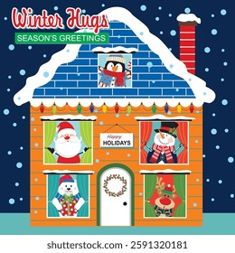 Christmas card with santa, penguin, polar bear and reindeer in the house