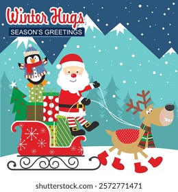 Christmas card with Santa, penguin, reindeer and sleigh