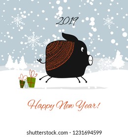 Christmas card, santa pig in forest. Symbol of 2019